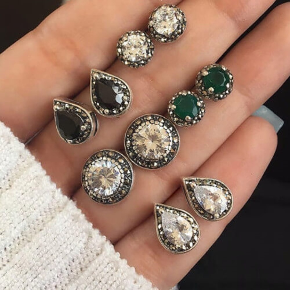 Geometric Stud Earrings Set Crystal Embellished - Picture 1 of 2